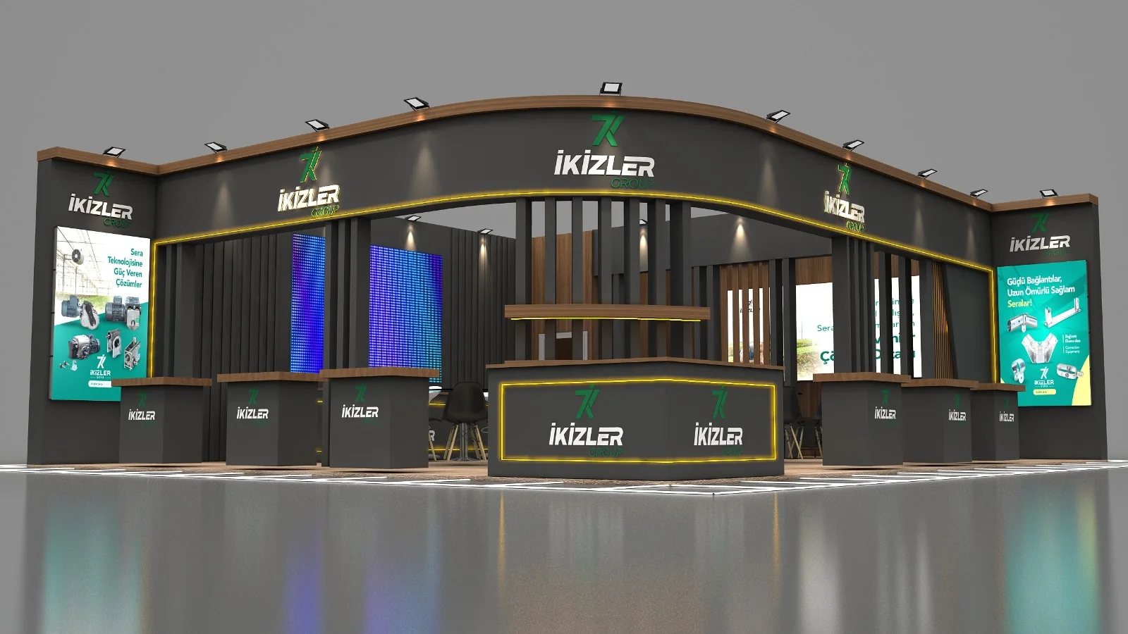 LED ekranlı koyu renk fuar standı